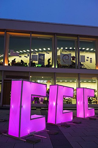 Illuminated letters in front of the Berlin Congress Center, bcc, during the Chaos Communication Congress 26C3 of the Chaos Computer Club, Berlin, Germany, Europe