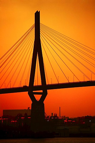 Koehlbrandbruecke Bridge, bridge piers, backlit, sunset, Hamburg, Germany, Europe