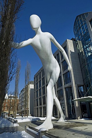 Walking man, sculpture in front of the building of the Munich Reinsurance Company, Leopold street, Munich, Bavaria, Germany, Europe