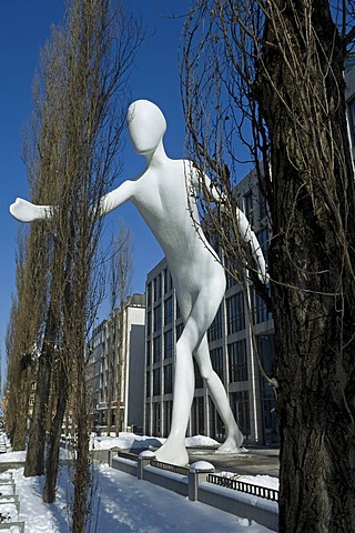 Walking man, sculpture in front of the building of the Munich Reinsurance Company, Leopold street, Munich, Bavaria, Germany, Europe