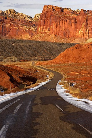 Lonely road through the Capitol Reef National Park, Utah, USA