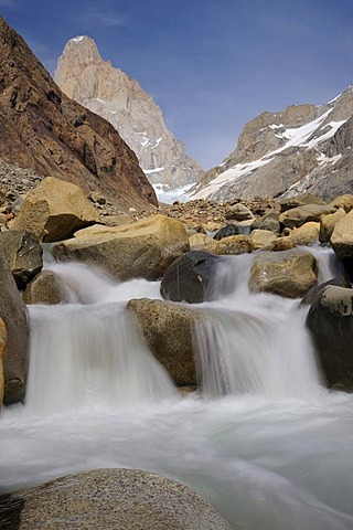 Small waterfall in front of the summit of Mt. Fitz Roy, El Chalten, Andes, Patagonia, Argentina, South America