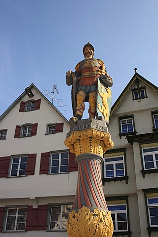 Brunnenwaechter, statue of a guard on the market fountain of Biberach a.d. Riss, Swabia, Baden-Wuerttemberg, Germany, Europe