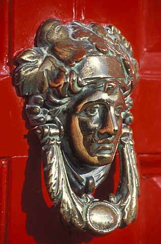 Door knocker on red door, Dublin Doors, typical Georgian houses, Merrion Square, Dublin, Ireland, Europe