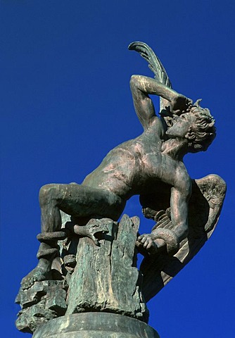 Fallen Angel sculpture in the Retiro Park, Madrid, Spain, Europe