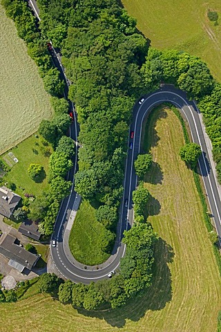 Aerial view, double bend, Kuhlendahler Strasse Road, Neviges, Velbert, Ruhrgebiet region, North Rhine-Westphalia, Germany, Europe