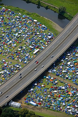 Aerial view, Naturbad Styrum natural pool with reggae festival, campground, Styrum, Muelheim an der Ruhr, Ruhrgebiet region, North Rhine-Westphalia, Germany, Europe