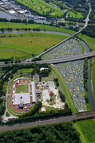 Aerial view, Naturbad Styrum natural pool with reggae festival, campground, Styrum, Muelheim an der Ruhr, Ruhrgebiet region, North Rhine-Westphalia, Germany, Europe