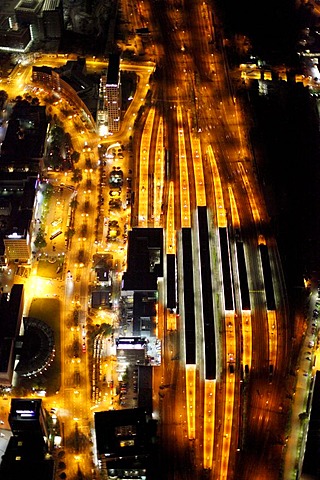 Aerial shot, night scene, Central Station, Dortmund, North Rhine-Westphalia, Germany, Europe