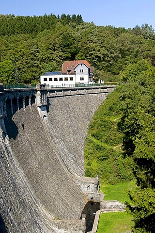 Hotel and Restaurant Zur Oestertalsperre above barrage, Naturpark Ebbegebirge nature preserve, Sauerland region, North Rhine-Westphalia, Germany, Europe