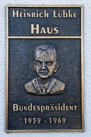 Plaque and relief at the Heinrich Luebke Haus, Federal President 1959-69, Meschede, Sauerland region, North Rhine-Westphalia, Germany, Europe