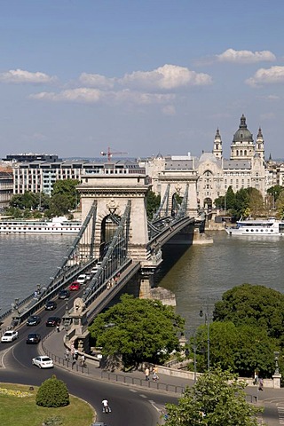 View from the Castle Hill on the banks of the Danube river with the Chain Bridge, Gresham Palace and St. Stephen's Basilica, Budapest, Hungary, Europe