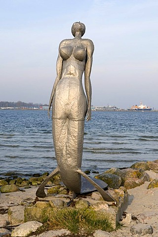 Eckernfoerder Nixe mermaid sculpture by E. Kawalke, Baltic resort Eckernfoerde, Schleswig-Holstein, Germany, Europe