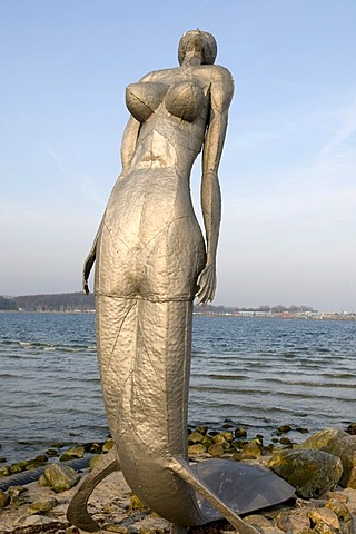 Eckernfoerder Nixe mermaid sculpture by E. Kawalke, Baltic resort Eckernfoerde, Schleswig-Holstein, Germany, Europe