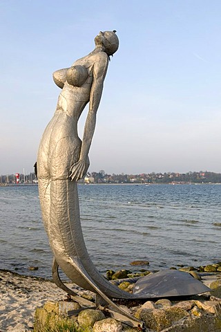 Eckernfoerder Nixe mermaid sculpture by E. Kawalke, Baltic resort Eckernfoerde, Schleswig-Holstein, Germany, Europe