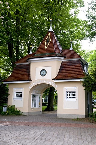 Entrance to the spa gardens and concert garden, Bad Rothenfelde, Osnabruecker Land region, Lower Saxony, Germany, Europe