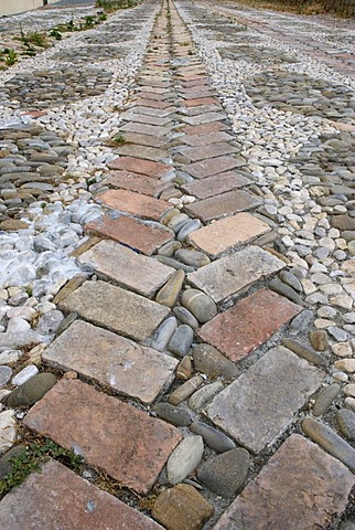 Cobble-stone pavement in the historic centre, San Remo, Riviera, Liguria, Italy, Europe