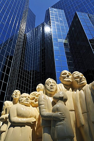 Monument in front of a skyscraper, downtown Montreal, Quebec, Canada, North America