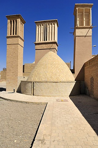 Windtowers at an underground water reservoir in Nain, Isfahan, Esfahan, Iran, Persia, Asia