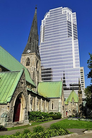 Cathedrale Christ Church with modern skyscraper, Montreal, Quebec, Canada, North America