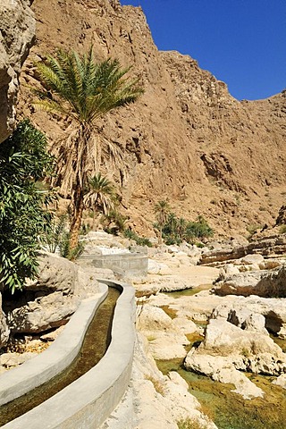 Falaj canal, irrigation system, of Wadi Shab, Hajar ash Sharqi Mountains, Sharqiya Region, Sultanate of Oman, Arabia, Middle East