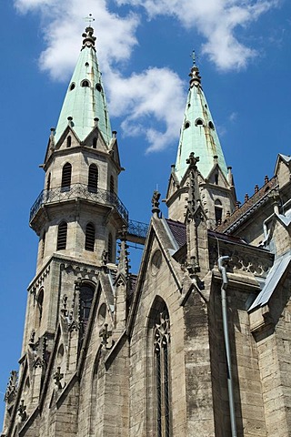 Spires of the city church of Our Dear Ladies, Meiningen, Thuringia, Germany, Europe