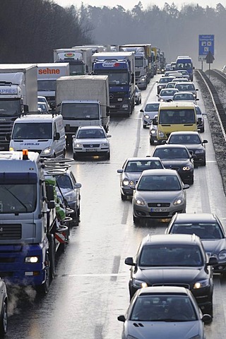 Traffic jam after an accident on the A81 highway in Leonberg, Baden-Wuerttemberg, Germany, Europe