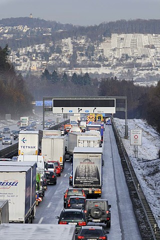 Traffic jam after an accident on the A81 highway in Leonberg, Baden-Wuerttemberg, Germany, Europe