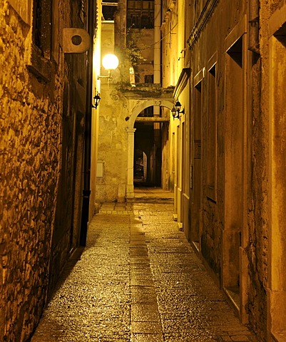 Decumanus at night in Porec, Croatia, Europe