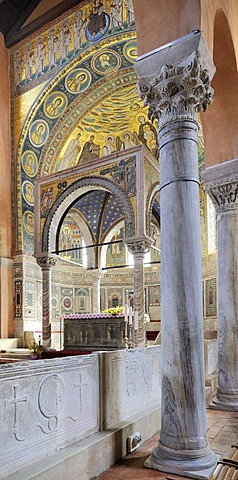 Ciborium from the 12th Century in front of an apse mosaic from the 6th Century, Euphrasian Basilica in Porec, Croatia, Europe