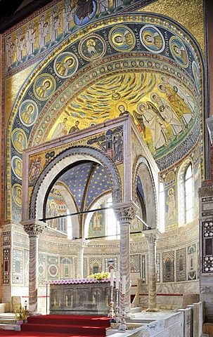 Ciborium from the 12th Century in front of an apse mosaic from the 6th Century, Euphrasian Basilica in Porec, Croatia, Europe