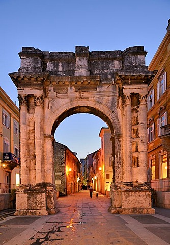 Triumphal Arch of the Sergii at night in Pula, Croatia, Europe