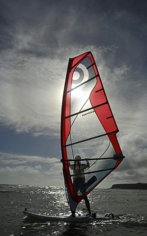 Windsurfer on the Playa de Sotavento de Jandia beach, Fuerteventura, Canary Islands, Spain, Europe