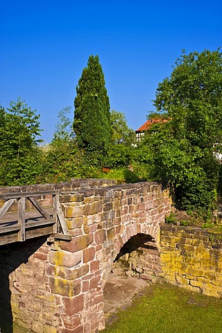 Castle moat with bridge, Burgruine Zavelstein castle ruins, Bad Teinach Zavelstein, Black Forest, Baden-Wuerttemberg, Germany, Europe