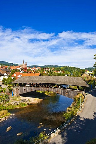 Historic wooden bridge over the Murg river, Forbach, Black Forest, Baden-Wuerttemberg, Germany, Europe