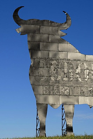 Bull silhouette, typical advertising of Spanish sherry Osborne, Malaga, Spain, Europe