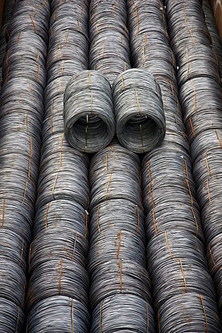 Cargo ship with steel wire coils on the Rhine-Herne Canal, Herne, North Rhine-Westphalia, Germany, Europe