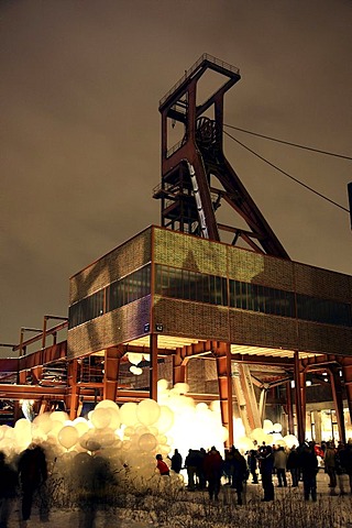 Art installation by the Raumlaborberlin, Soap Opera, many hundreds illuminated balloons at a mine shaft, GlueckAuf2010 cultural festival at the start of the European Capital of Culture year, on the site of the Zeche Zollverein mine and coking plant, Essen