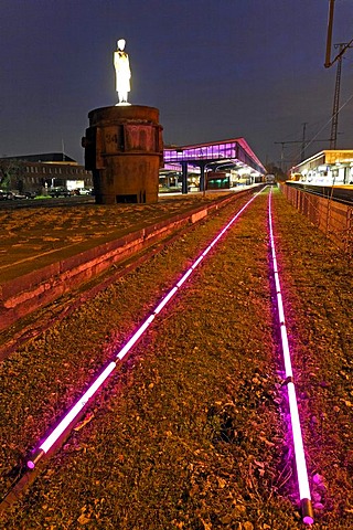 Rail trail from LEDs, artistic lighting installation, Museumsbahnsteig museum platform Oberhausen, Ruhrgebiet region, North Rhine-Westphalia, Germany, Europe