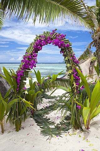 Flower arrangement for a dream wedding on the beach, La Digue Island, Seychelles, Africa, Indian Ocean