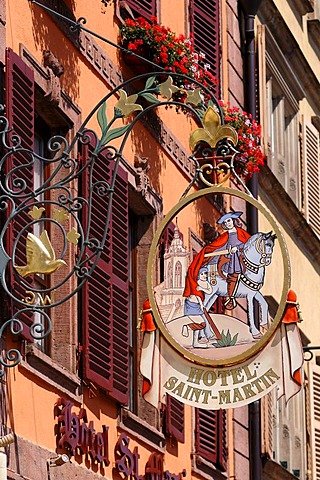 Hotel sign "Hotel Saint Martin", in the back the facade of the hotel, Grand'Rue, Colmar, Alsace, France, Europe