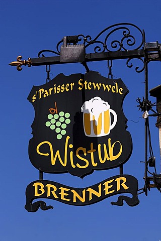 Inn sign "Wistub Brenner" against a blue sky, Rue de Turenne, Colmar, Alsace, France, Europe