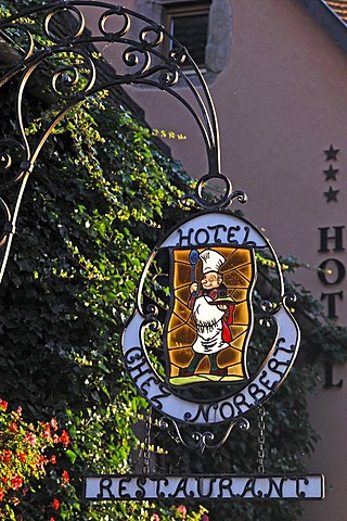 Hotel sign "Chez Norbert", Bergheim, Alsace, France, Europe