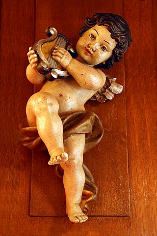 Cherub with harp, carved from wood, Villa & Ambiente store, Im Weller, Nuremberg, Middle Franconia, Bavaria, Germany, Europe