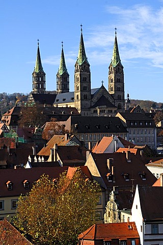 View from the tower of Geyerswoerth Schloss Geyerswoerth castle, Geyerswoerthstrasse 1, on the four spires of the cathedral, Bamberg, Upper Franconia, Bavaria, Germany, Europe