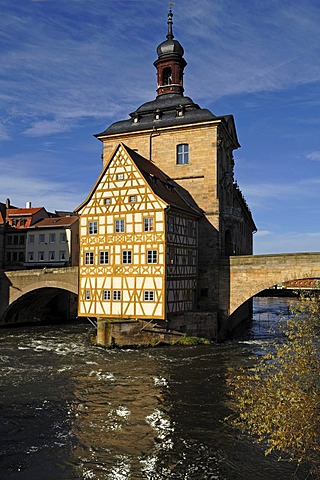 Old town hall, mid-15th century, in the Regnitz river, Obere Bruecke bridge 1, Bamberg, Upper Franconia, Bavaria, Germany, Europe