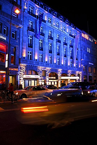 Blue illumination of the Excelsior Hotel Ernst, luxury hotel in the Trankgasse street, Cologne, Rhineland, North Rhine-Westphalia, Germany, Europe