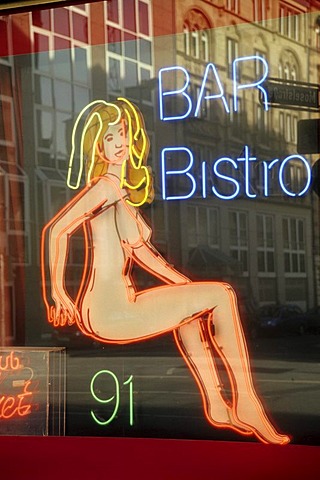 Neon advertising of a bar and bistro in the red light district, Frankfurt am Main, Hesse, Germany, Europe