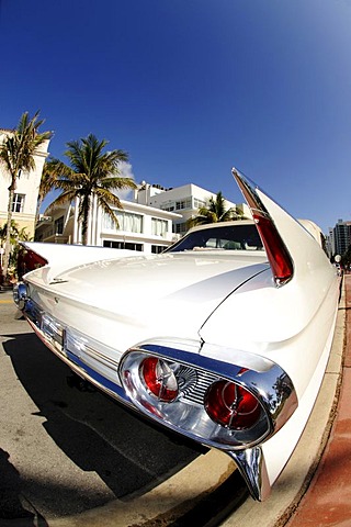 Chevrolet with tail fins, Ocean Drive, Miami South Beach, Art Deco district, Florida, USA