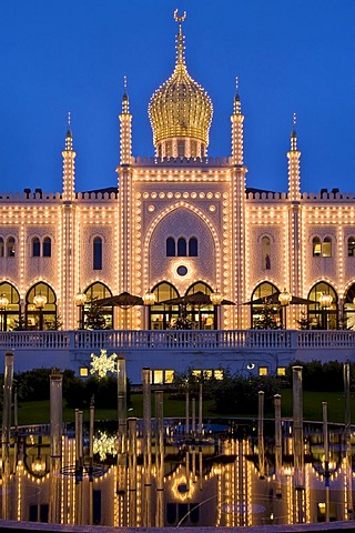 Festively illuminated restaurant Nimb in Tivoli, Copenhagen, Denmark, Europe